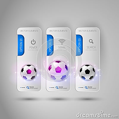Realistic fottballs on the gray business banners as design infographic soccer elements. Vector Illustration