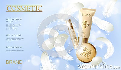 Realistic foundation powder. Tube spray, container golden cosmetic light background blue sunny sky spring white feather Vector Illustration