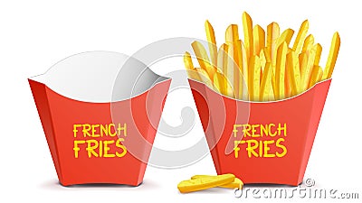 Realistic French Fries Vector. Red Paper Package. Empty And Full. Isolated On White Illustration Vector Illustration