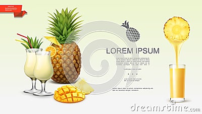 Realistic Fresh Tasty Pineapple Background Vector Illustration