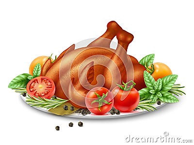 Realistic fried turkey dish. Baked poultry and garnish, tomatoes, herbs and spices, roasted chicken, thanksgiving day Vector Illustration