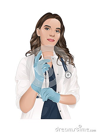 realistic friendly woman doctor in blue gloves with stethoscope. Smiling beautiful brunette in female medical uniform Vector Illustration