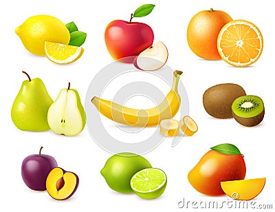 Realistic fruit. 3D vegan food. Wholes and slices of fresh mango. Juicy citruses. Tasty kiwi or banana. Ripe pear and Vector Illustration