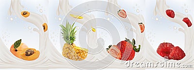 Realistic fruits strawberry, apricot, pineapple, raspberry with milk splashes close up. 3d vector illustration. Set milk Vector Illustration