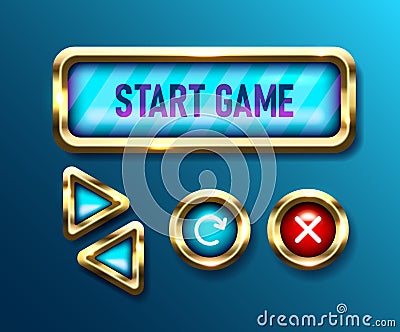 Realistic game buttons set on blue background. Mobile gui designs. User interface navigation knobs, vector illustrations Vector Illustration