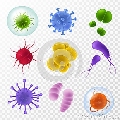 Realistic germs. Microscopic bacillus and infection cells, colorful bacteria and microorganism icon, covid flu viruses Vector Illustration