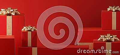 Realistic gift boxes on red background with epmty space. Cartoon Illustration