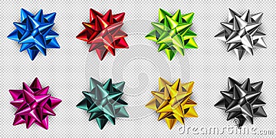 Realistic gift ribbon bow set. Collection of decorative blue, red, green, silver, pink, gold, and black bows. 3d vector Vector Illustration