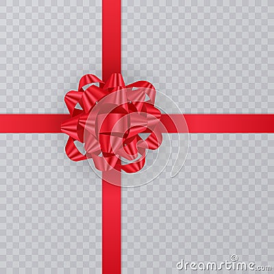 Realistic gift ribbon, red bow of on transparent background. Gift Element For Card Design. Holiday Background. Vector Vector Illustration