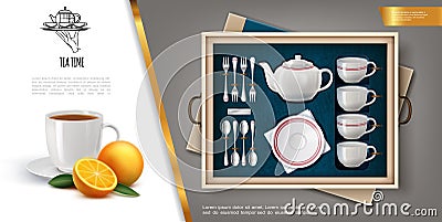 Realistic Gift Tea Set Concept Vector Illustration