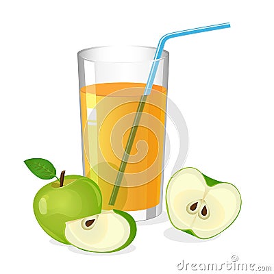Realistic glass of apple juice drink with cocktail straw. Vector Illustration