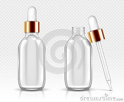 Glass bottles with dropper for serum or oil mockup Vector Illustration