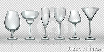 Realistic glass cups. Empty transparent champagne cocktail wine glasses and goblets. Vector realistic 3D glassware Vector Illustration