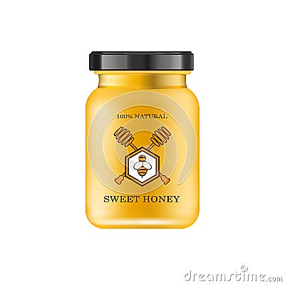 Realistic glass jar with honey. Food bank. Honey packaging design. Honey logo. Mock up glass jar with design label or Vector Illustration