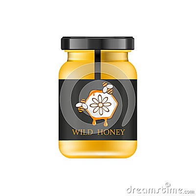 Realistic glass jar with honey. Food bank. Honey packaging design. Honey logo. Mock up glass jar with design label or Vector Illustration