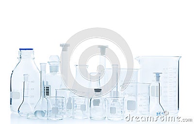 Realistic Glass Laboratory Equipment Set. Flasks and measuring beaker for science experiment in laboratory Stock Photo