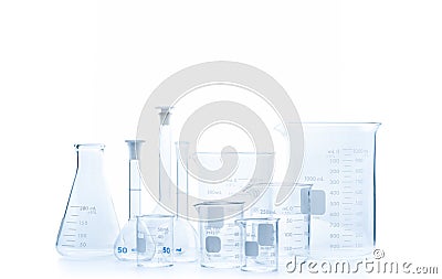 Realistic Glass Laboratory Equipment Set. Flasks and measuring beaker for science experiment in laboratory Stock Photo