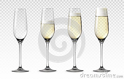Realistic glass of sparkling wine. Transparent mockup of high wineglass with bubbled white grape drink. Wedding and Vector Illustration