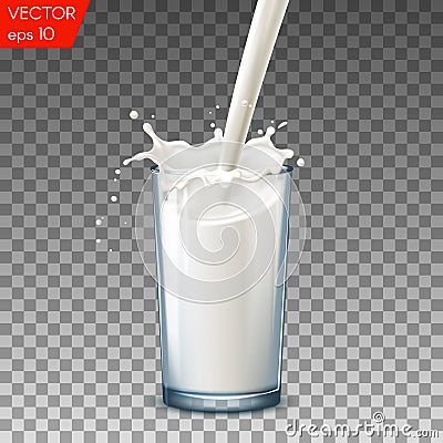 Realistic glass to pour milk splash, on a transparent background. Vector Illustration