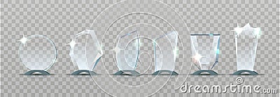 Realistic Glass Trophy Cups, Elegantly Designed With Transparent Finish, Showcase Achievements With Sophistication Vector Illustration