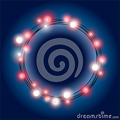 Realistic Glittering round string of Christmas garland made of incandescent red lamps on dark blue background Vector Illustration