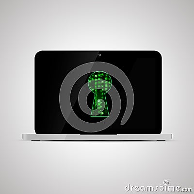 Realistic glossy laptop with matrix code in keyhole shape. Computer security concept. Vector Illustration
