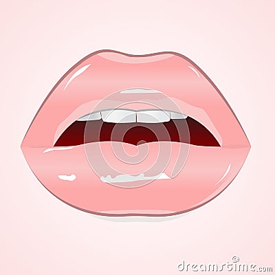 Realistic glossy pink lips on pink background. Vector illustration Cartoon Illustration