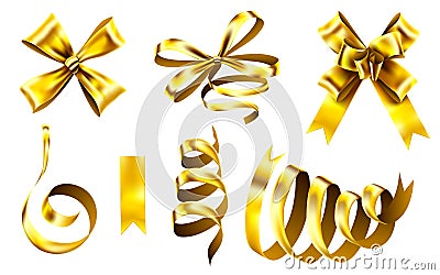 Realistic gold bows. Decorative golden favor ribbon, christmas gift wrapping bow and shiny ribbons 3D vector Vector Illustration