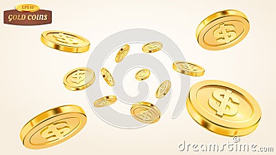 Realistic gold coin explosion or splash on white background. Rain of golden coins. Falling or flying money. Bingo Vector Illustration