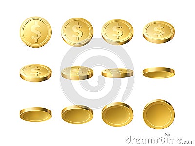 Realistic gold coins. Different angles golden coin, money cash payment, finance symbols, dollars sing, casino bingo Vector Illustration