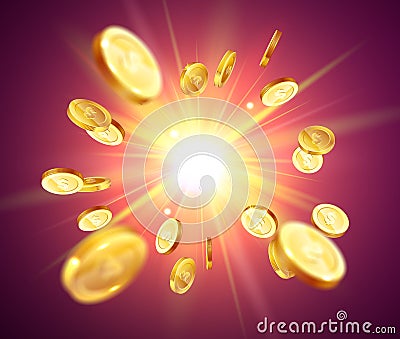 Realistic Gold coins explosion. Vector Illustration