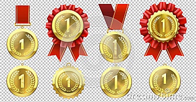 Realistic gold medal. Champion medals with number one and red ribbons. Sports competition first prize, leadership Vector Illustration