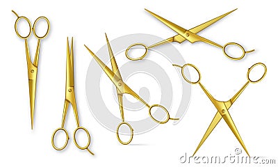 Realistic gold metal scissors. Closed and open stationery or hair salon golden scissor, barber tools top view isolated vector Vector Illustration