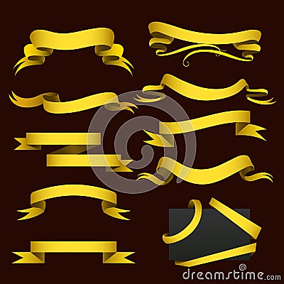 Realistic gold ribbons tape flag banner elegance graphic stitch band banner flag bow vector illustration. Vector Illustration