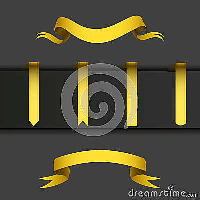 Realistic gold ribbons tape flag banner elegance graphic stitch band banner flag bow vector illustration. Vector Illustration