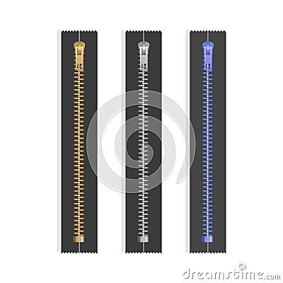 Realistic gold silver zipper, closed zip pullers. Metallic zippers. Garment components zippered fabric accessories, vector Vector Illustration