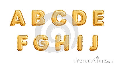 Realistic golden balloons alphabet isolated on white background. A B C D E F G H I J letters of the alphabet. Vector Vector Illustration
