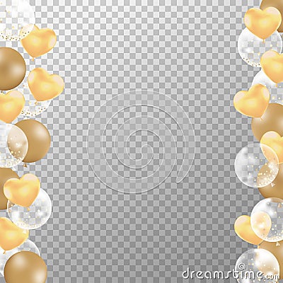 Realistic golden balloons frame with transparent background. Golden party balloons vector for decorations wedding, birthday, Stock Photo