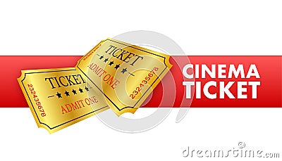 Realistic golden cinema ticket. Old premium cinema entrance tickets Vector Illustration
