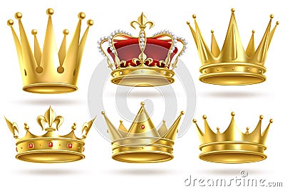 Realistic golden crowns. King, prince and queen gold crown and diadem royal heraldic decoration. Monarch 3d isolated Vector Illustration