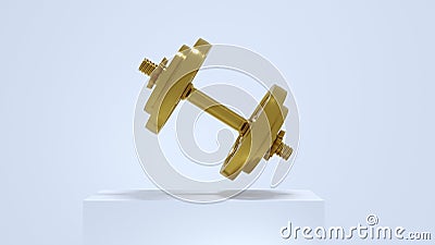 A realistic golden dumb bell isolated on white podium series. Stock Photo