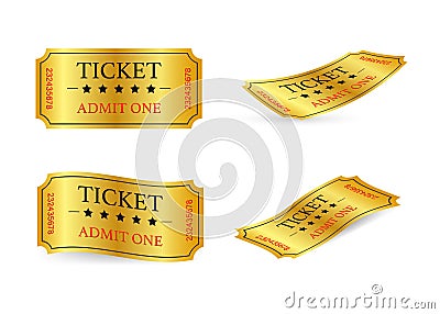 Realistic golden show ticket. Old premium cinema entrance tickets Vector Illustration