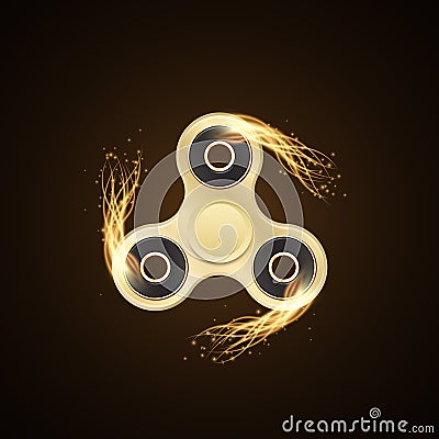 Realistic golden spinner in the fire. Fiery speed. Stress relieving toy. Modern toy for fingers. VIP spinner. Vector Cartoon Illustration