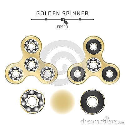 Realistic golden spinner on a white background. Disassembled bearings and details. Modern antistress toy for fingers. Vector illus Cartoon Illustration