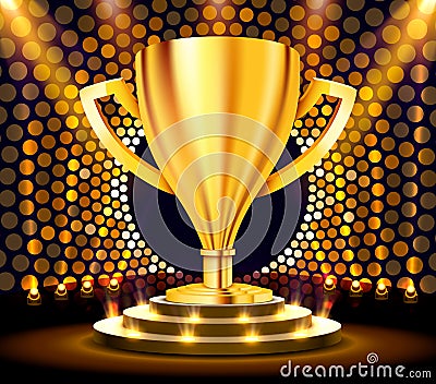 Realistic Golden Trophy on round podium with white carpet illuminated with spotlight. Award ceremony concept. Stage Vector Illustration