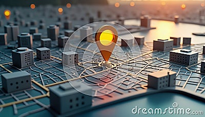 Realistic GPS map pointer highlights location on detailed city map. Miniature buildings part of 3D urban structure. Urban route Stock Photo