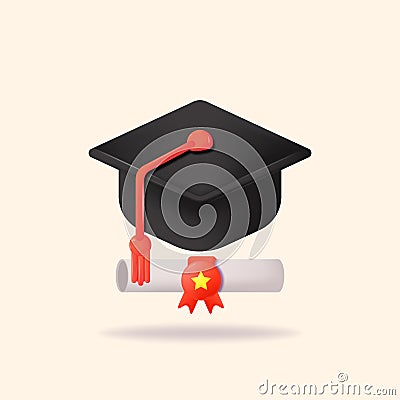 Realistic graduation cap and diploma scroll isolated on white background. Academic hat with tassel and university degree Vector Illustration