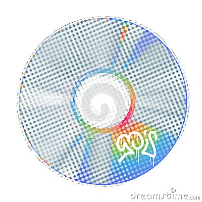 Realistic graphic musical CD or DVD in retro halftone style. Concentric blue and rainbow circle element with halftone Vector Illustration