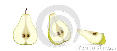 Realistic green pear half cut portion. Sliced fresh sweet fruit full of vitamins for healthy eating Vector Illustration