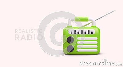 Realistic green radio receiver with long antenna. Portable radio for trips, hikes, picnics Vector Illustration
